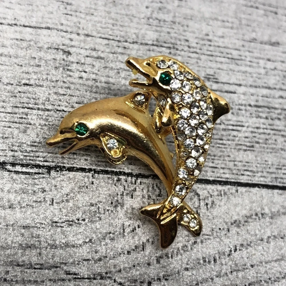 Retro gold tone brooch 2 jumping dolphins glam statement